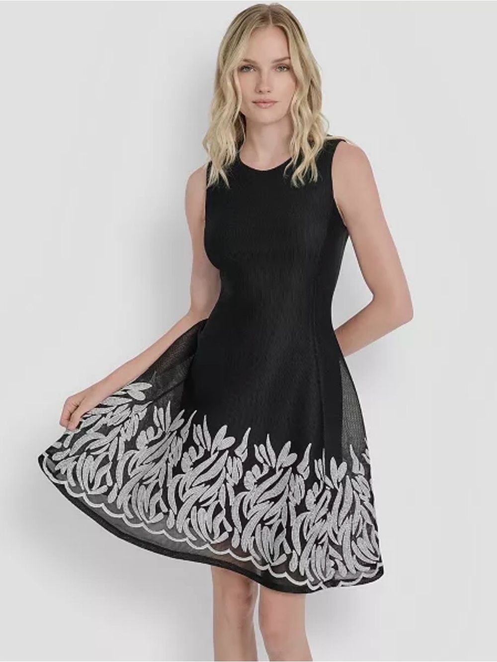 DKNY Women's Embroidered Mesh Sleeveless A-line Dress Black White Size 14